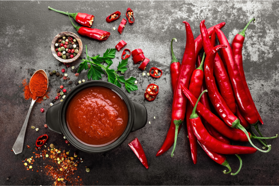 Hot tomato ketchup, with chiles.