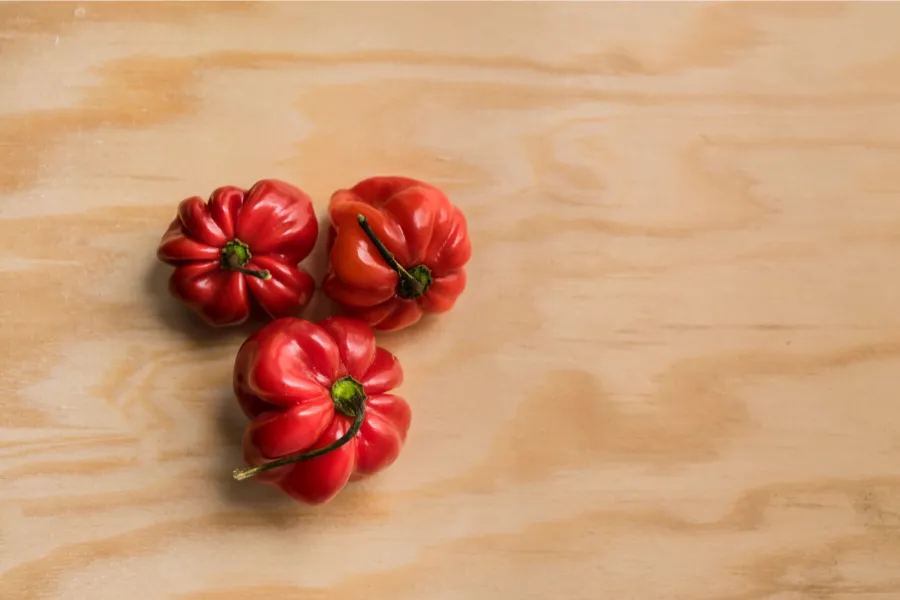 Three fresh habanero chiles on wood.