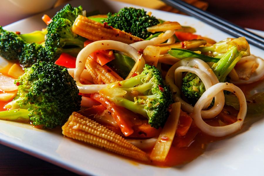 Vietnamese spicy chili squid on a plate.
