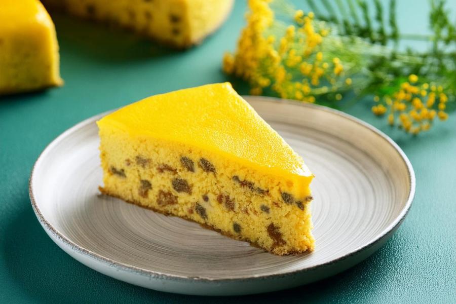 A slice of tansy pudding with a smooth, glossy top layer, served on a round white plate with a gray rim, against a teal background with tansy flowers in the background.