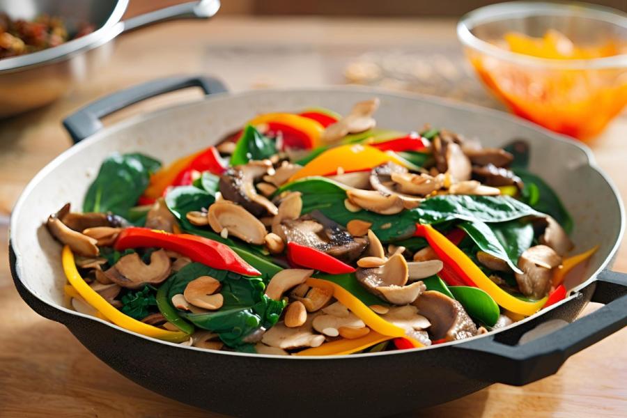 Colorful vegetable stir-fry with bell peppers, spinach, mushrooms, and nuts in a pan - GAI.