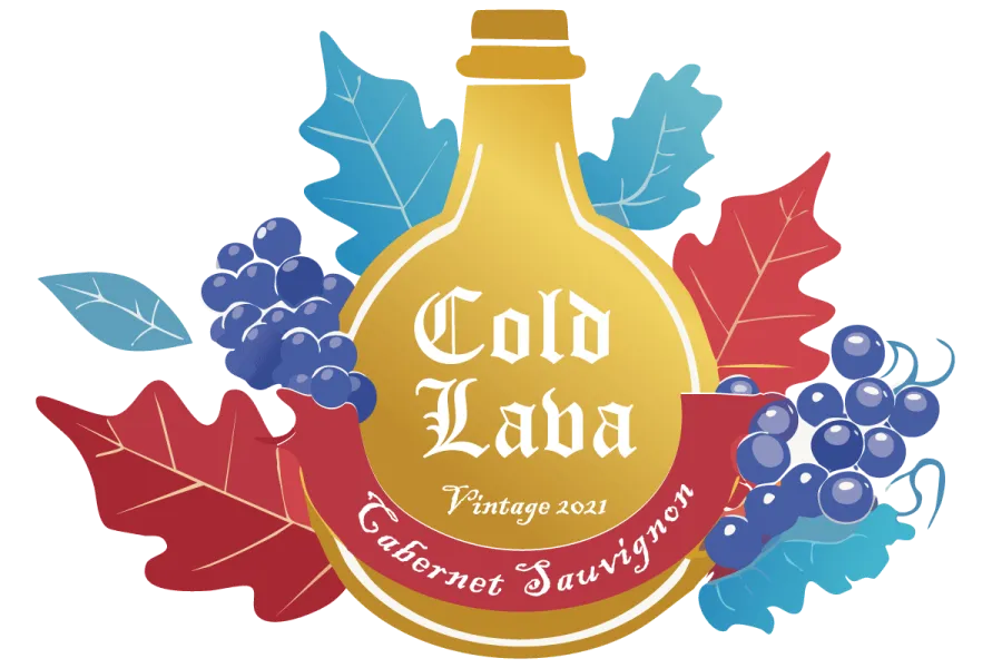 Label for an imaginary red wine named Cold Lava, Cabernet Sauvignon, vintage 2021.