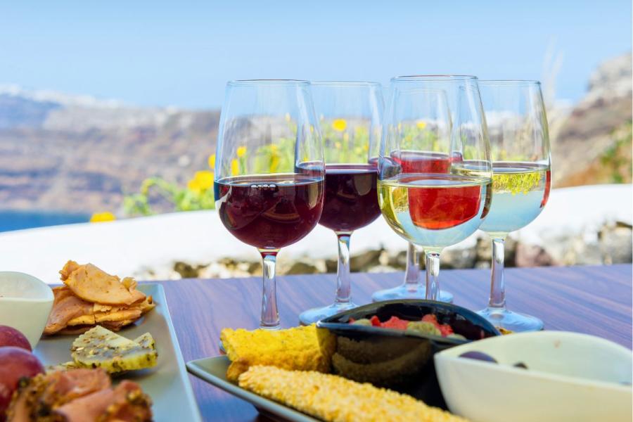 A selection of wine glasses with red, white, and rosé wines accompanied by plates of cheese, cured meats, and breadsticks on an outdoor table, overlooking a sunny, scenic landscape with flowers in the background.