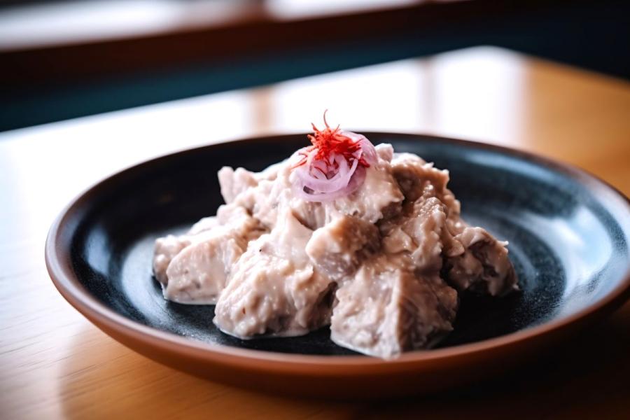 A plate of hákarl, Icelandic fermented shark, garnished with red onion slices and red shavings.