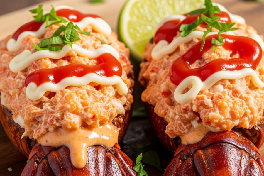 Two crawfish tails stuffed with the boiled meat, minced, in a ketchup and mayonnaise sauce, decorated with tomato ketchup and mayonnaise.