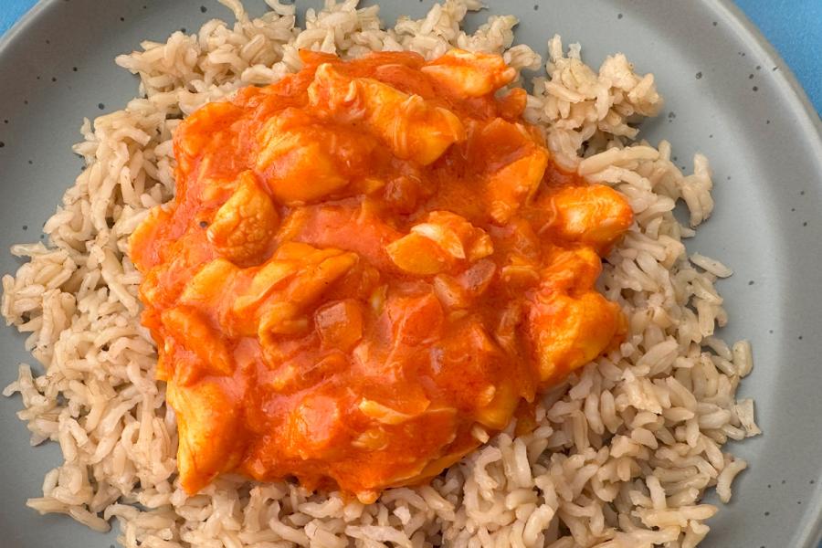 Lobster with ketchup-mayonnaise sauce, Bahamian style, over brown rice.