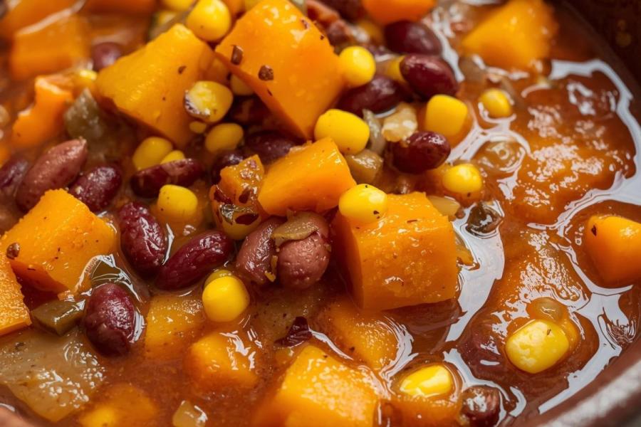 A hearty bowl of vegan three sisters stew with squash, corn and red kidney beans.
