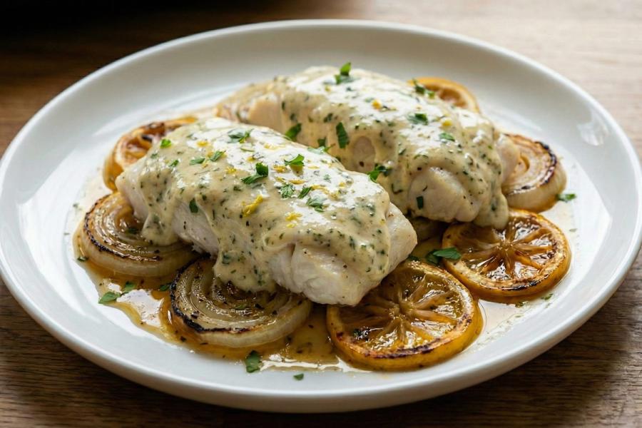 Two pieces of baked fish in a creme herb sauce on a bed of roasted onion and lemon slices.