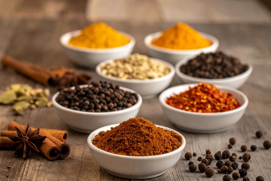 Small recipients with different ground spices like cumin, coriander, paprika, turmeric, cinnamon, black pepper, chili flakes, cardamom, garam masala and sumac. There are some spices on the table.