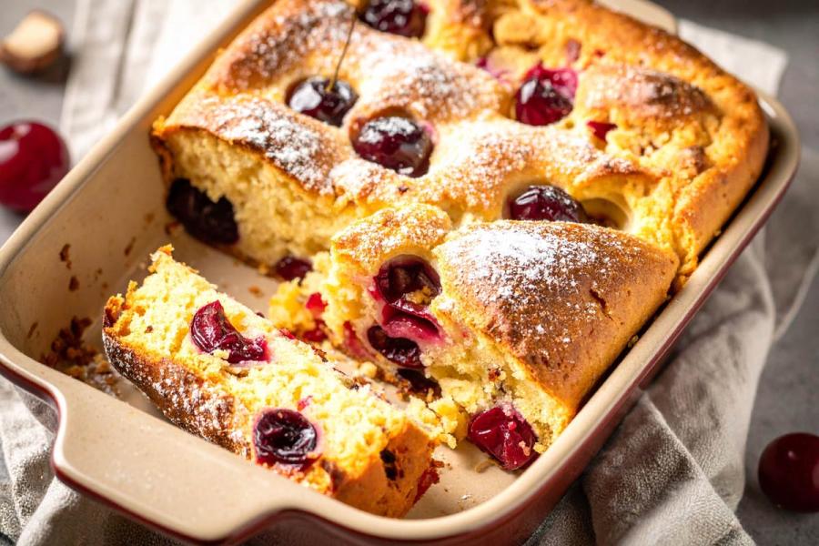A Swiss cherry bread pudding in a rustic ceramic baking dish on a linen tablecloth.
