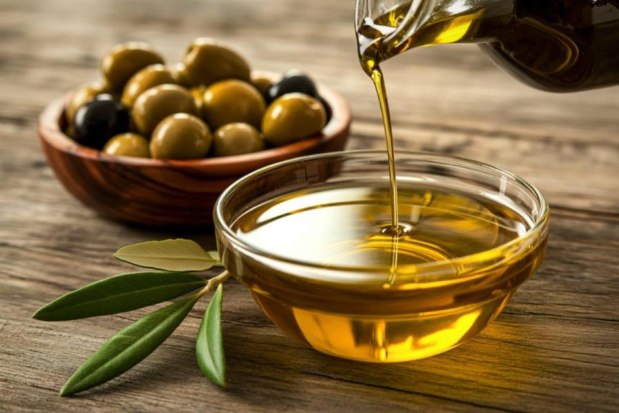 Olive oil into a clear bowl with a wooden bowl of olives and am olive branch with leves in the background.