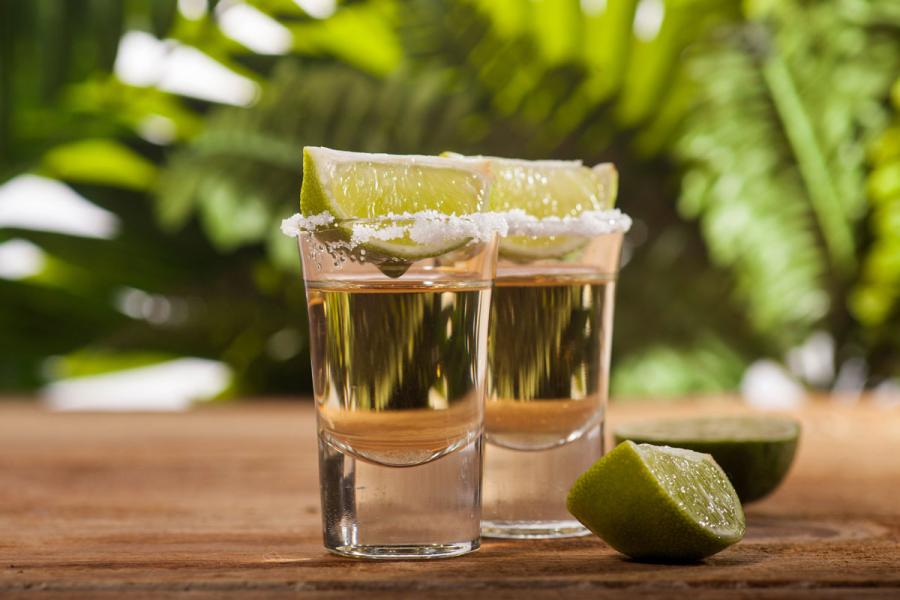 Two tequila shots with salted rims and lime wedges on a wooden table with a tropical green background.