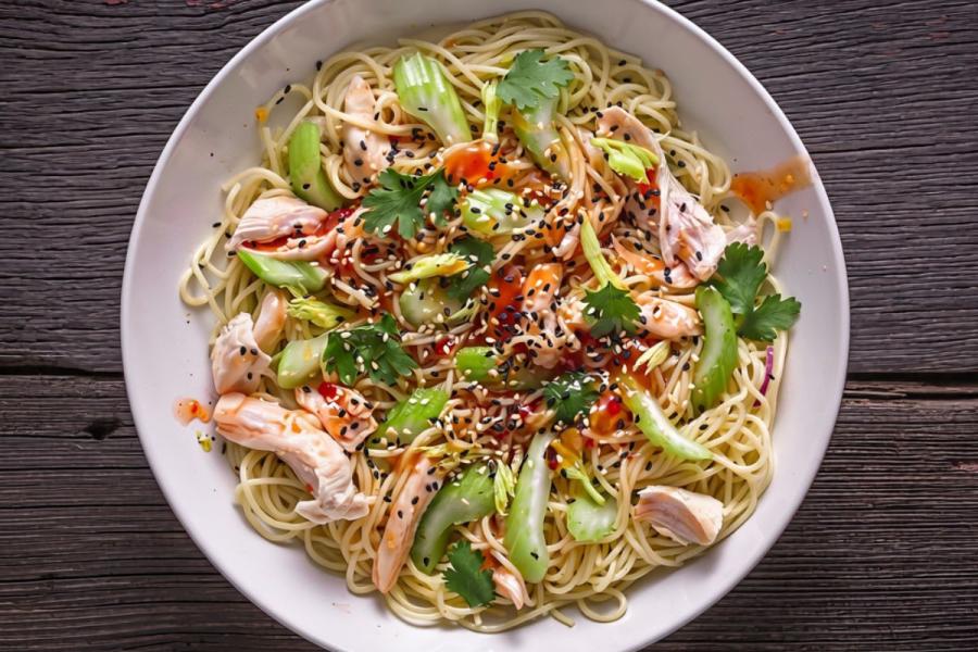 Thai chicken noodle stir-fry with rice noodles, chicken, baby bok choy, cilantro, green onions, sesame seeds, and savory sauce on a white plate.