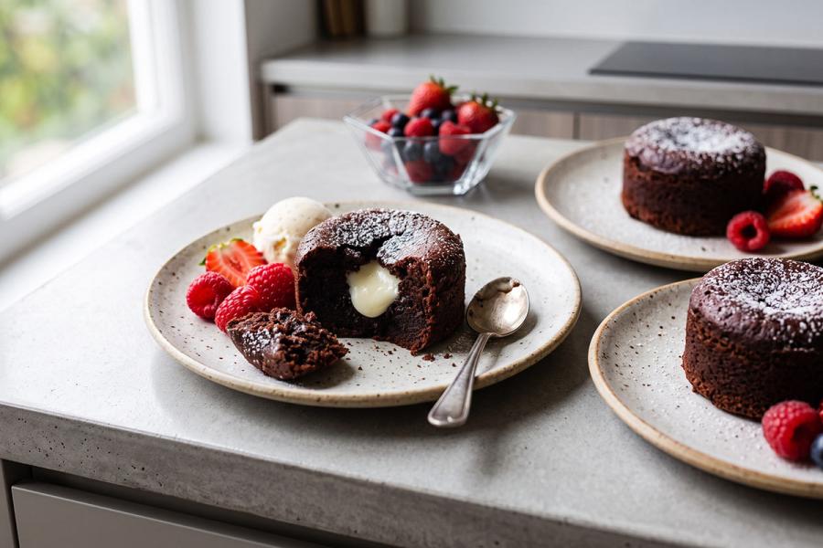A chocolate lava cake cut open to reveal a molten vanilla center, dusted with powdered sugar and served with a scoop of ice cream, fresh berries, and a spoon, with two more lava cakes on plates in the background.