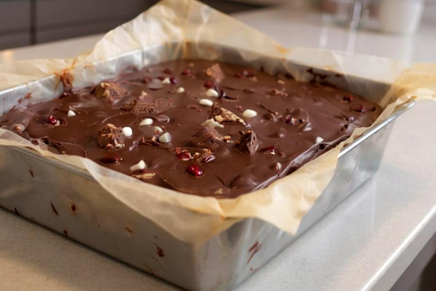 A square metal baking pan lined with parchment paper, filled with glossy no-bake chocolate tiffin studded with biscuit chunks, halved glacé cherries, and scattered white chocolate chips, the surface still soft and unset.