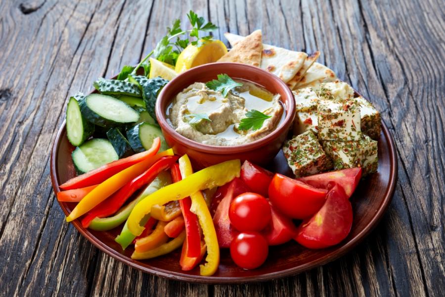 Cut up vegetables with baba ganoush.