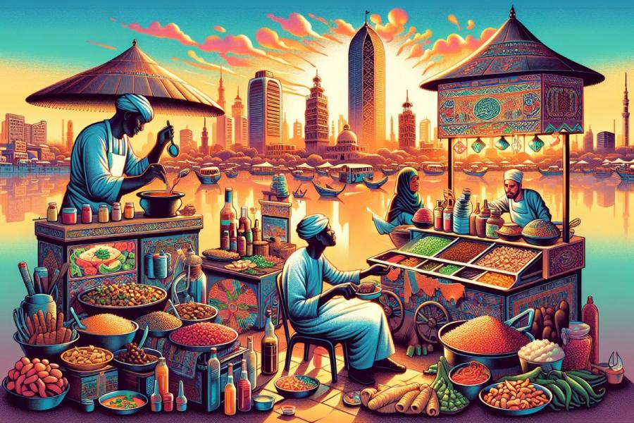 Artistic representation of a market scene in Sudan at sunset. Vendors preparing food with spices and produce. City and river.